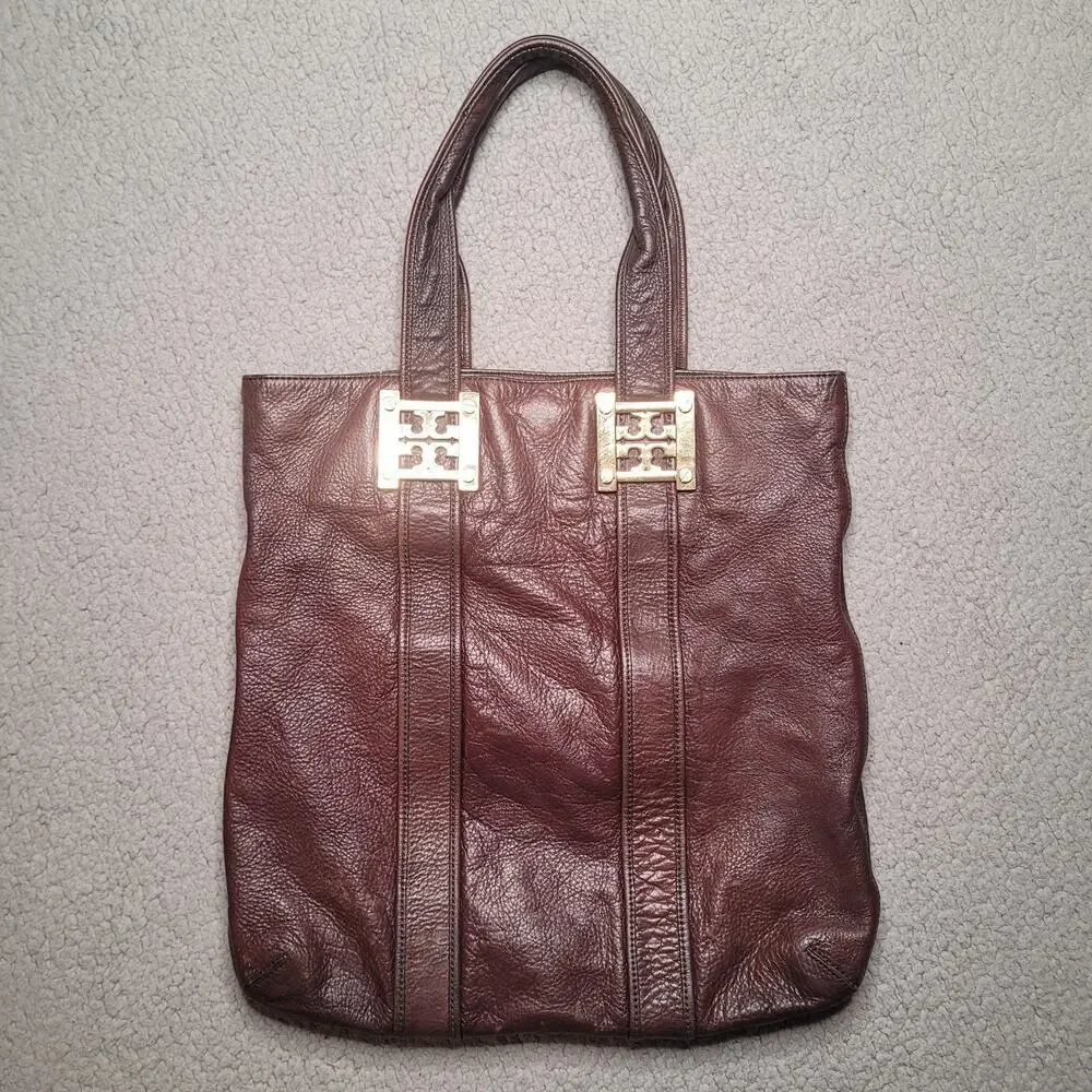 Tory Burch Tote Bag Large Brown Leather Pebbled Top Handle Logo Zip Purse